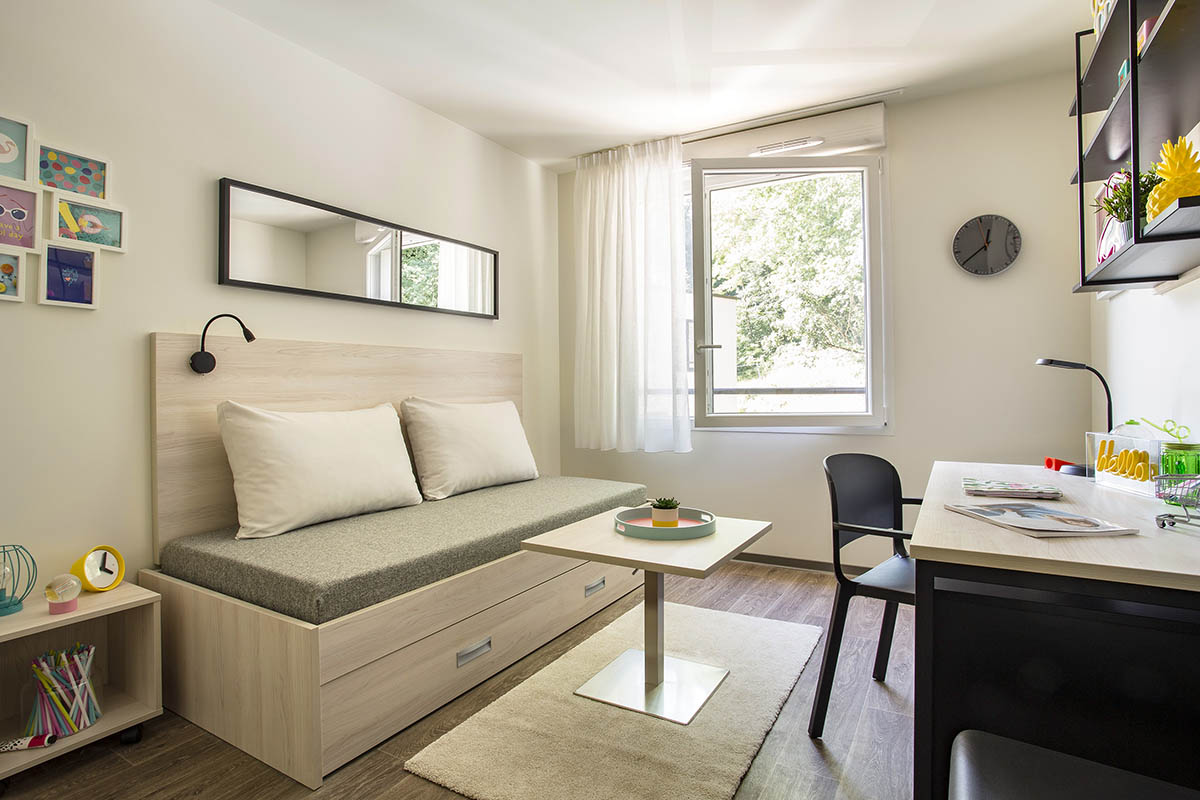 Pièce de vie d'un studio de notre résidence étudiante Le Castel à Nancy
