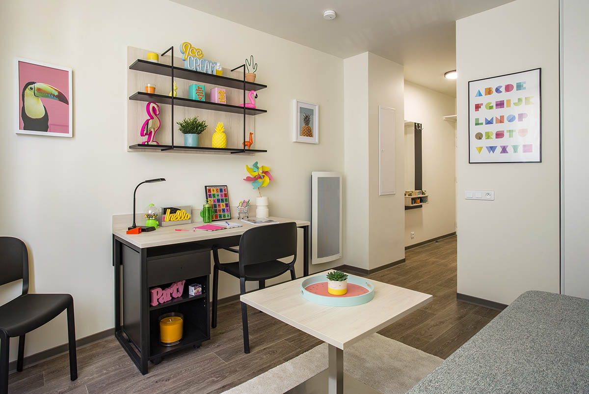 Pièce de vie d'un studio de notre résidence étudiante Le Castel à Nancy
